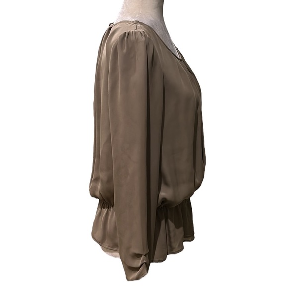 JOIE Silk Brown Pleated Draped Ruched Cuff Ruffle Cutout Blouson Top - M - Picture 4 of 11